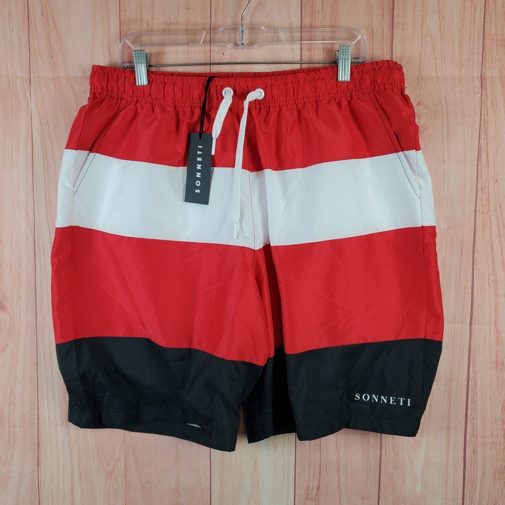 Sonneti Forten Mens Swimsuit Sz 2XL White Red Black Polyester Pockets Drawstring